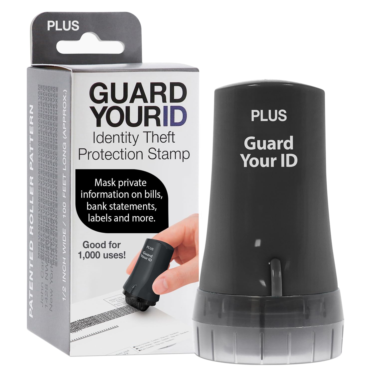 PLUS Guard Your ID roller in use masking text on a bill for privacy.