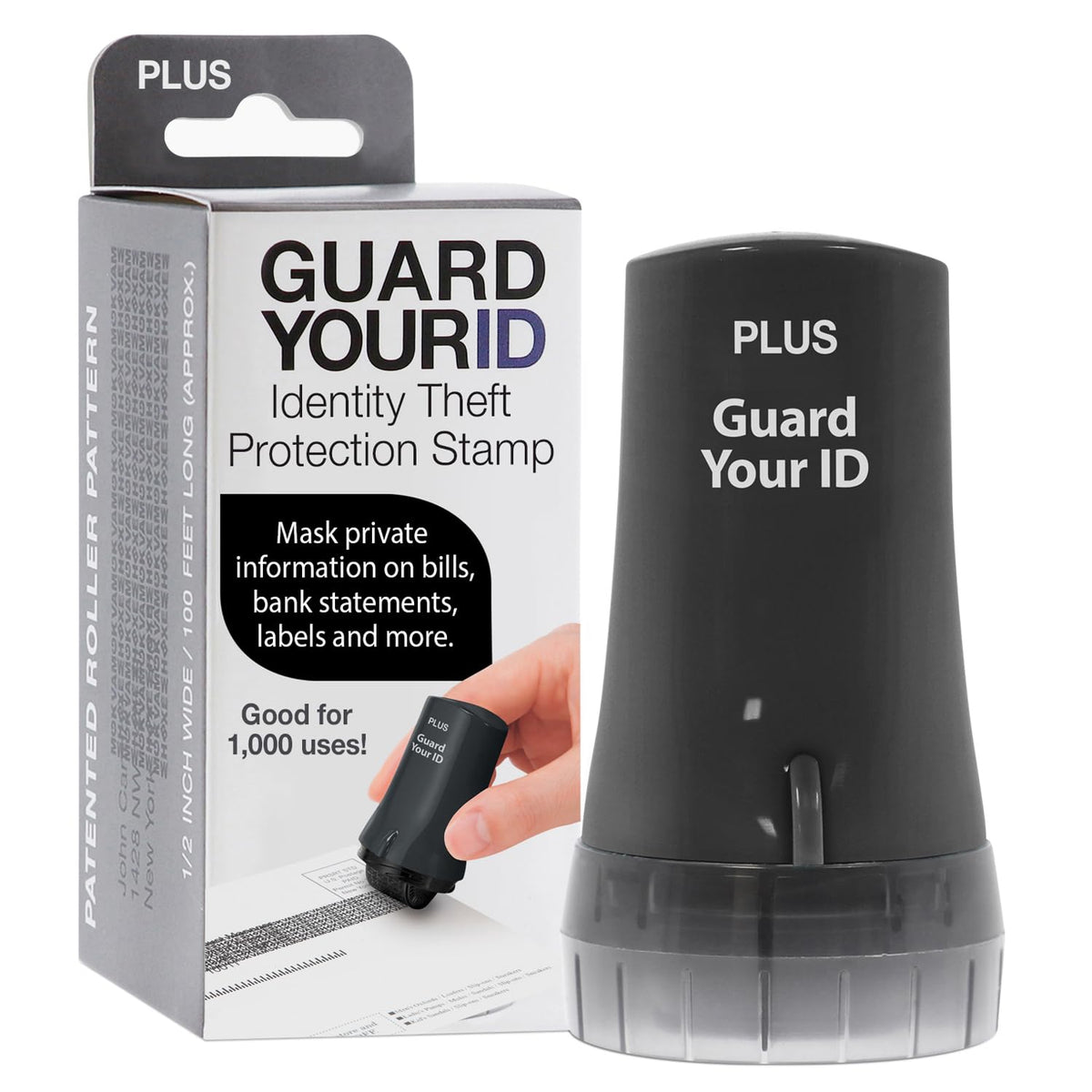 PLUS Guard Your ID roller in use masking text on a bill for privacy.