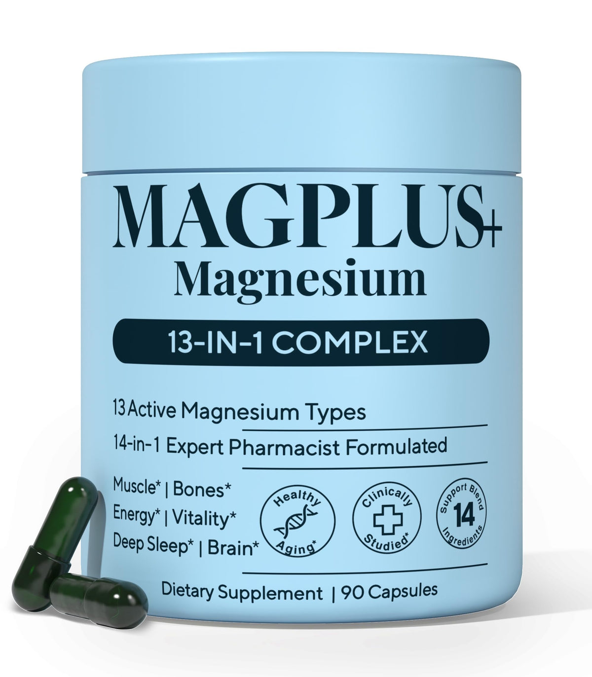 Plus+Ultra MAGPLUS+ front bottle highlighting the 13-in-1 blend for wellness.