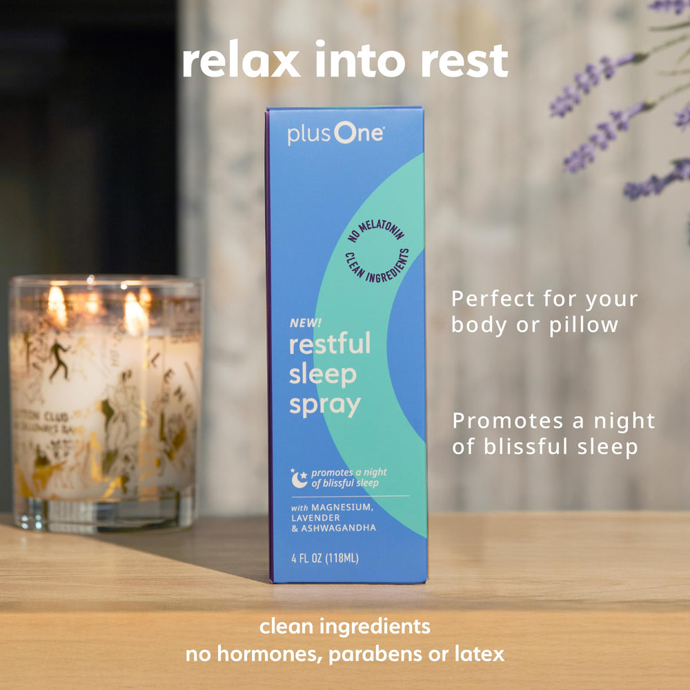 PlusOne Blissful Sleep Spray application showing easy nightly use before bed.