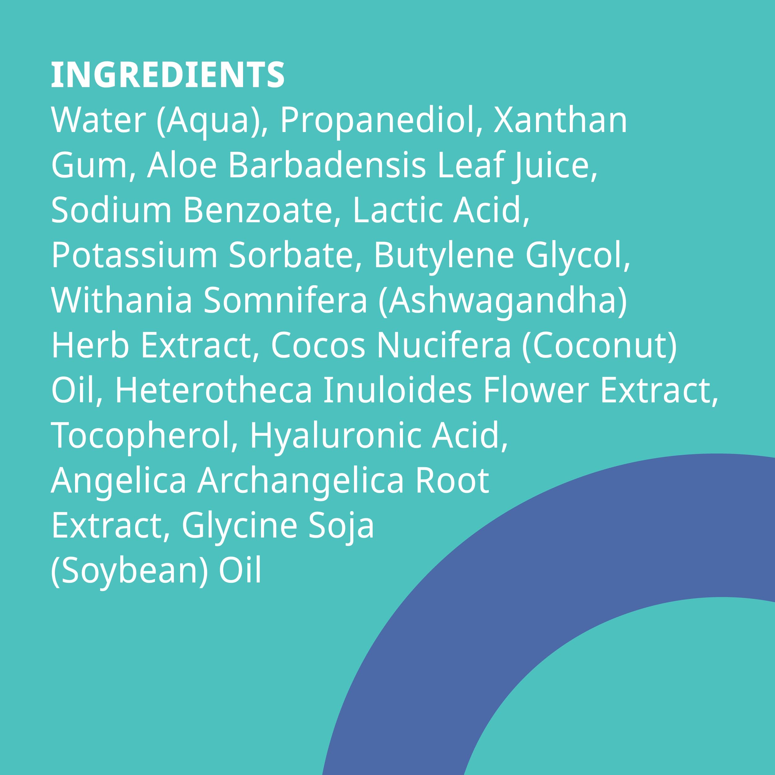 PlusOne botanical blend shows aloe, calendula, and ashwagandha for sensitive skin.
