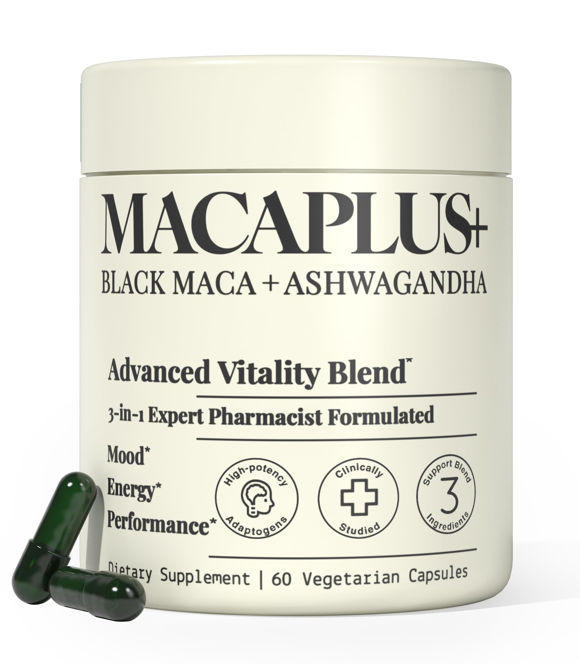 Plus+Ultra Black Maca root capsule bottle showing potent maca power for daily energy