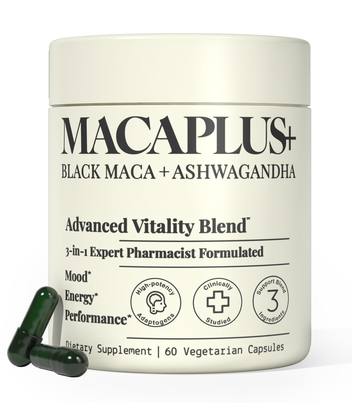 Plus+Ultra Black Maca root capsule bottle showing potent maca power for daily energy
