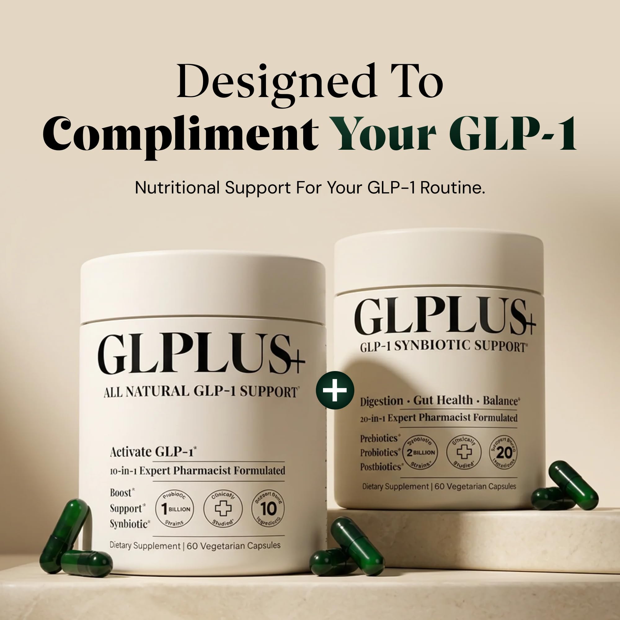 Plus+Ultra GLP-1 Support capsule close-up showing a 20-in-1 formula.