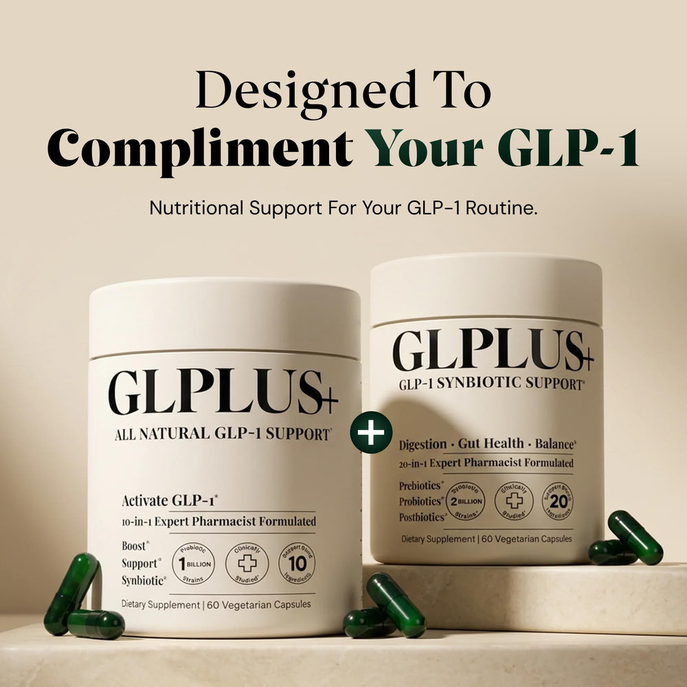 Plus+Ultra GLP-1 Support capsule close-up showing a 20-in-1 formula.