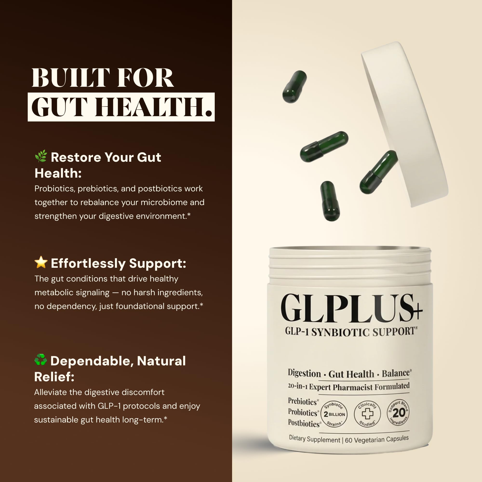 Plus+Ultra GLP-1 Support non-GMO vegetarian capsules for clean ingredients.