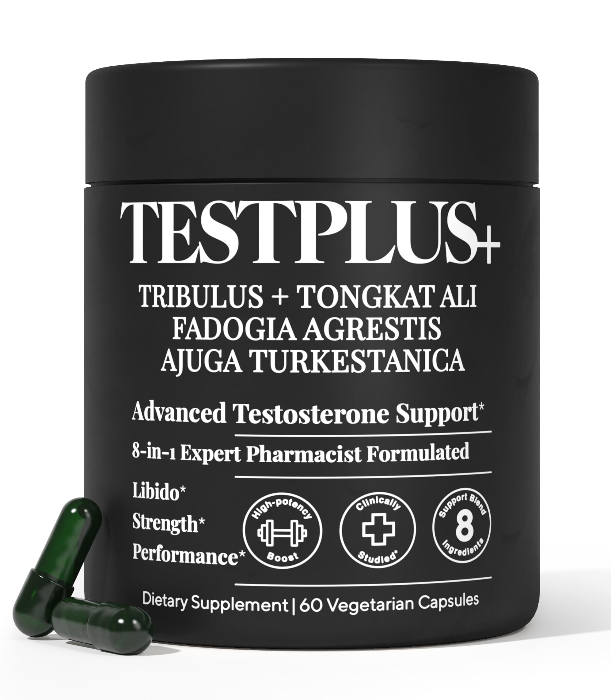 Plus+Ultra TestPlus bottle front indicating energy and stamina support for men