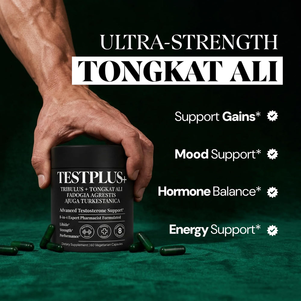 Plus+Ultra TestPlus bottle side view showing an all-in-one formula for workouts and daily energy