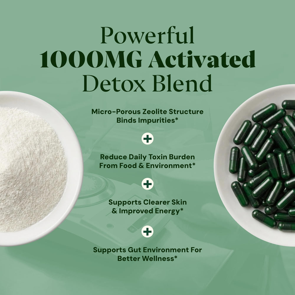 Plus+Ultra activated charcoal binder capsule illustrating toxin binding in GI tract.