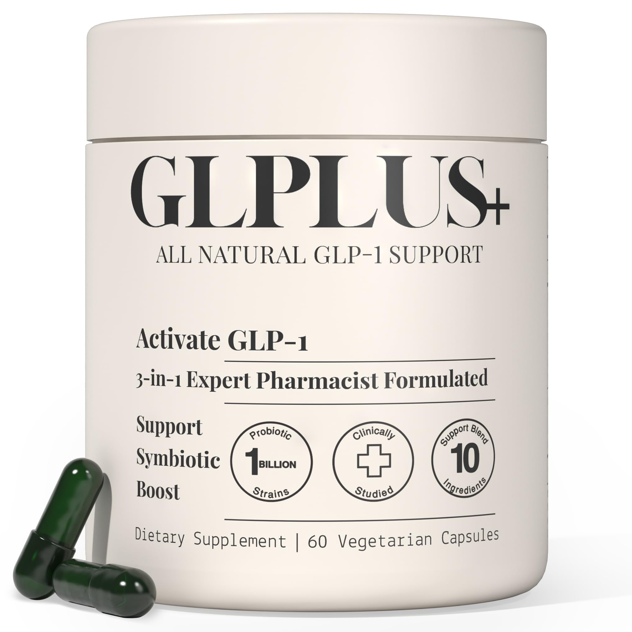 Plus+Ultra GLPLUS+ bottle front showing 60 capsules for daily gut-brain balance.