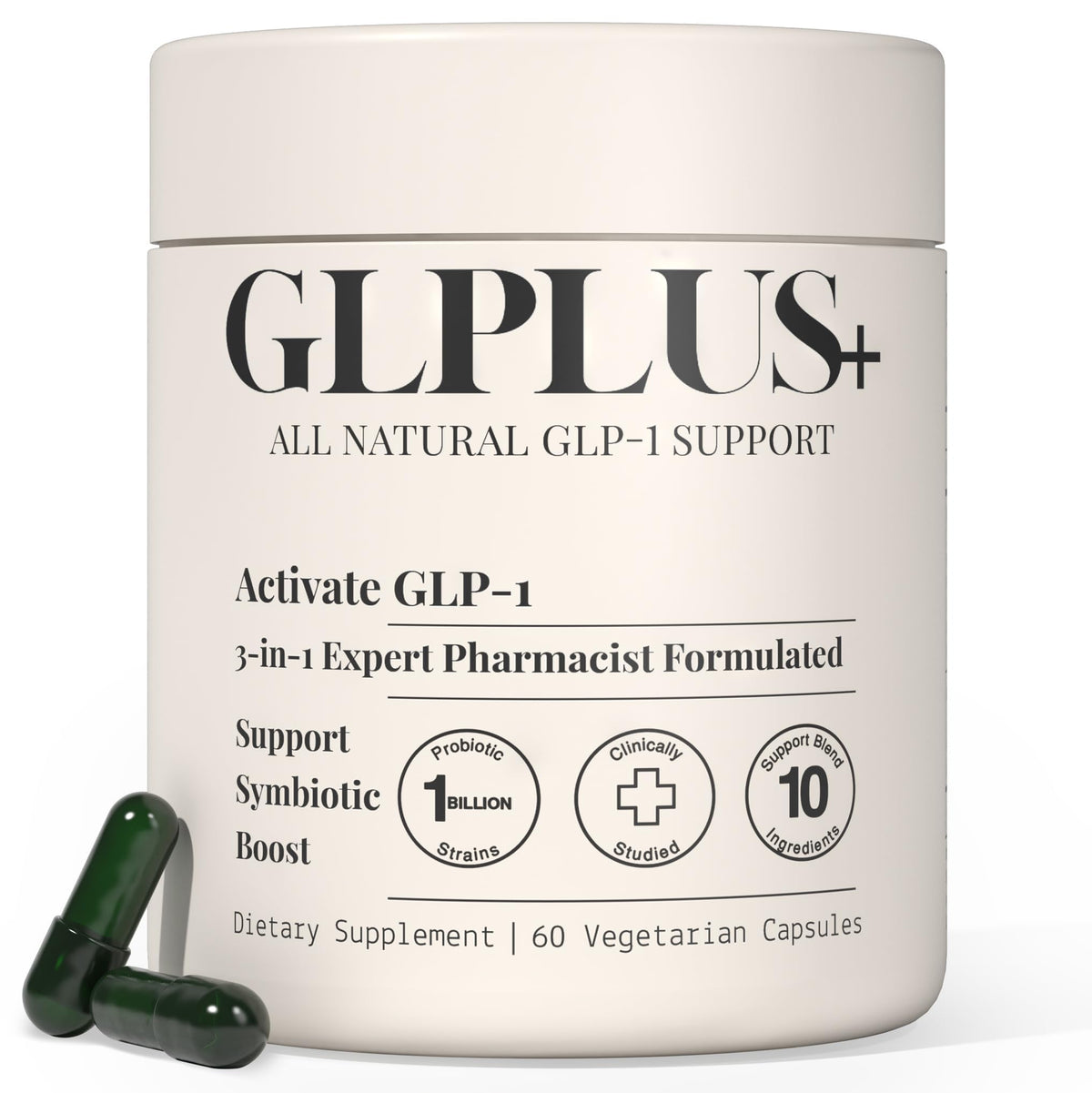 Plus+Ultra GLPLUS+ bottle front showing 60 capsules for daily gut-brain balance.