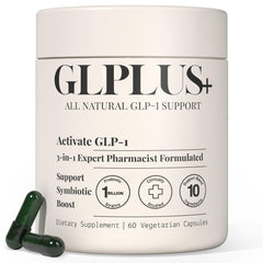 Plus+Ultra GLPLUS+ bottle front showing 60 capsules for daily gut-brain balance.