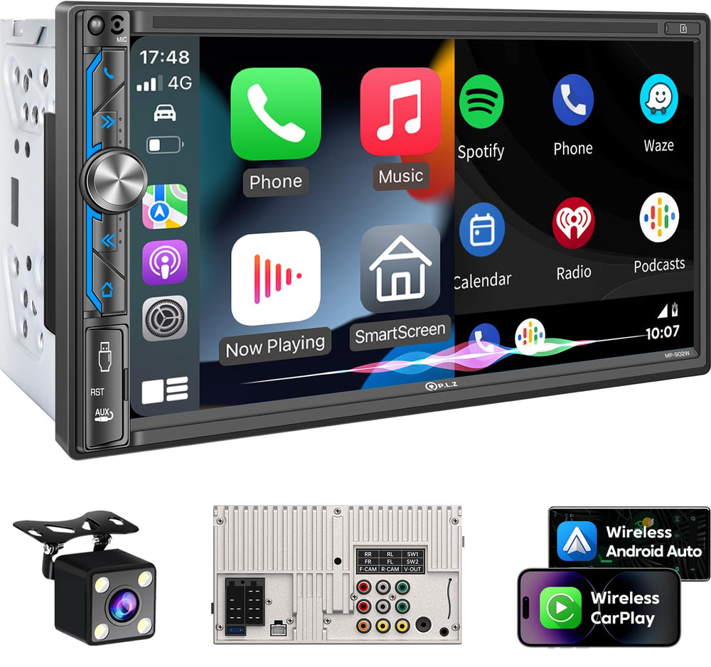 PLZ 7-inch stereo front view highlighting wireless CarPlay integration and dash fit