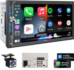 PLZ 7-inch stereo front view highlighting wireless CarPlay integration and dash fit