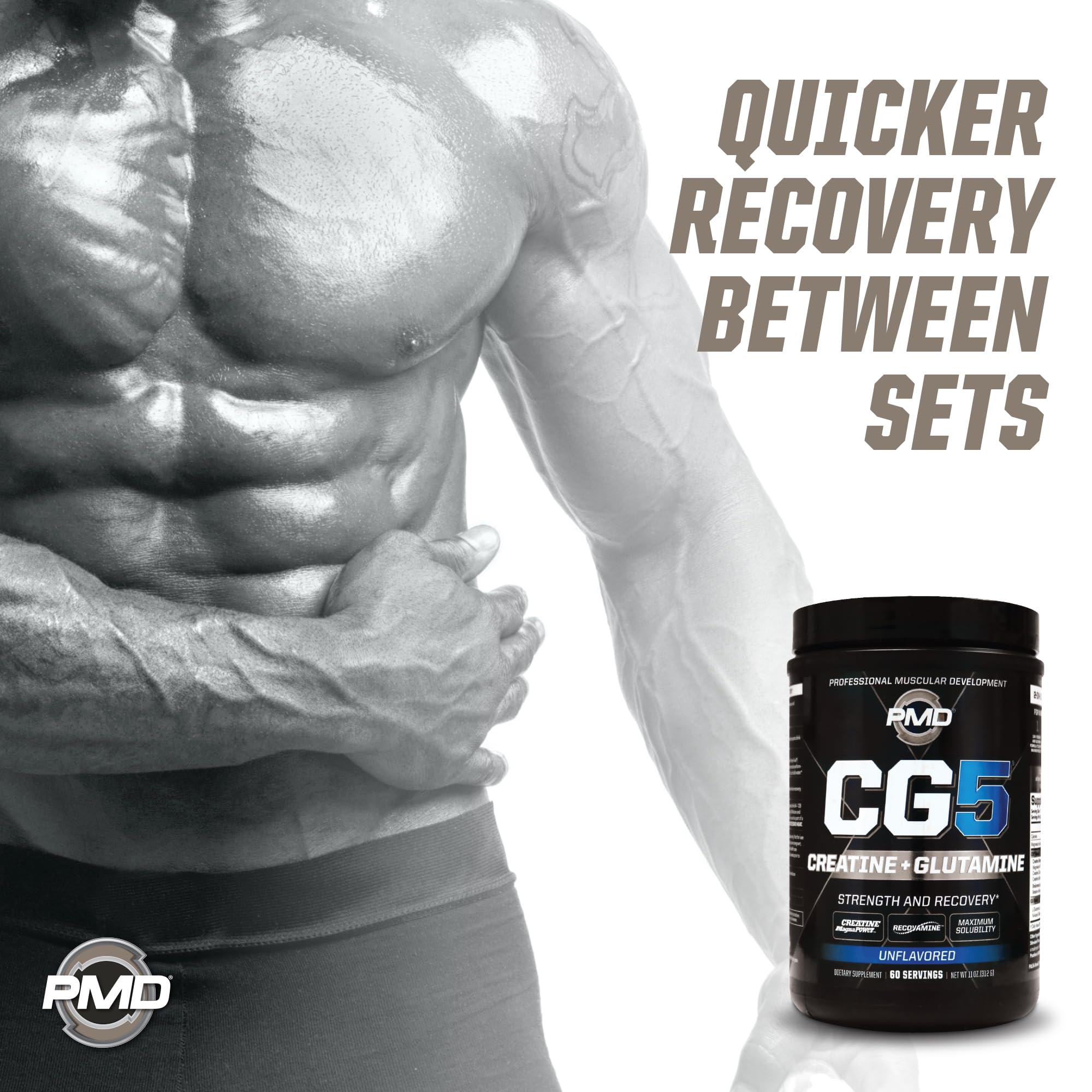 PMD CG5 bottle with packaging display, signaling premium creatine-glutamine blend.