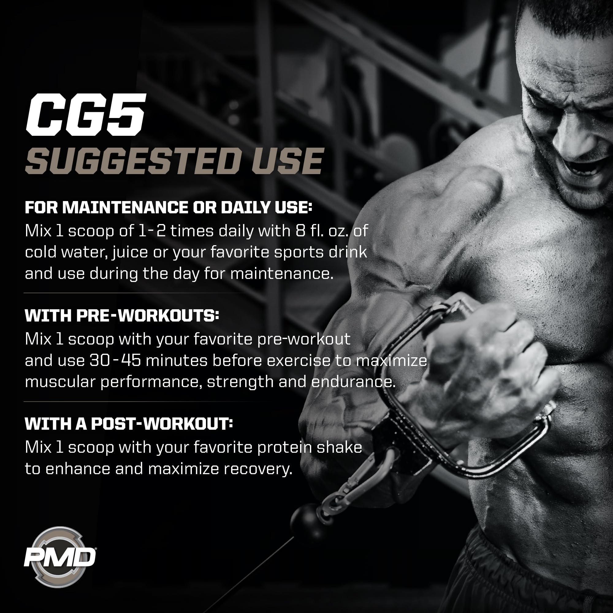PMD CG5 label closeup highlights MagnaPower creatine blend for efficient uptake.