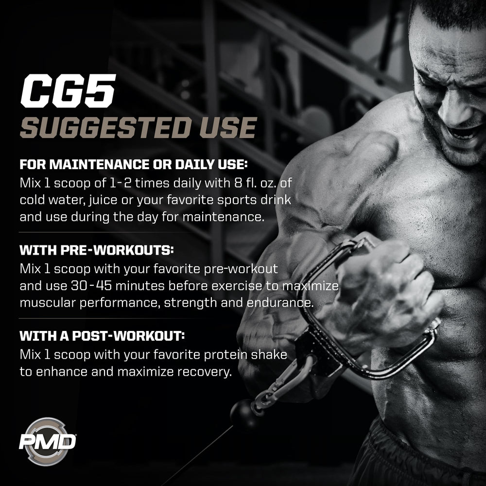 PMD CG5 label closeup highlights MagnaPower creatine blend for efficient uptake.