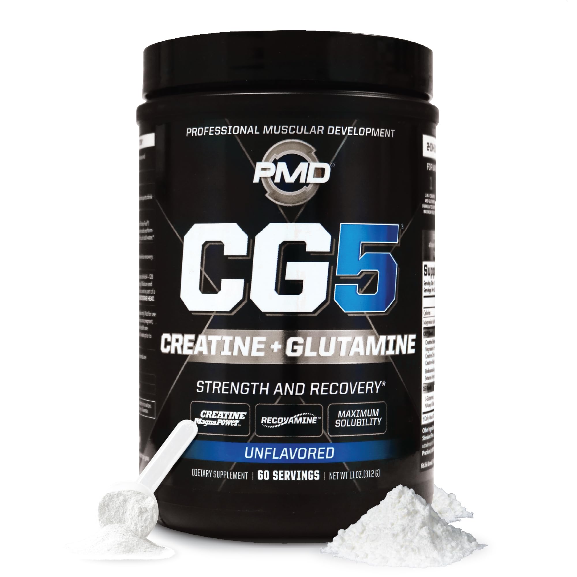 PMD CG5 premium creatine-glutamine powder bottle prepared for pre- and post-workout support.
