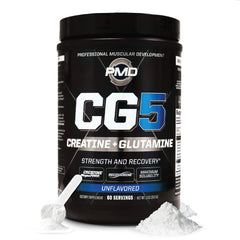 PMD CG5 premium creatine-glutamine powder bottle prepared for pre- and post-workout support.