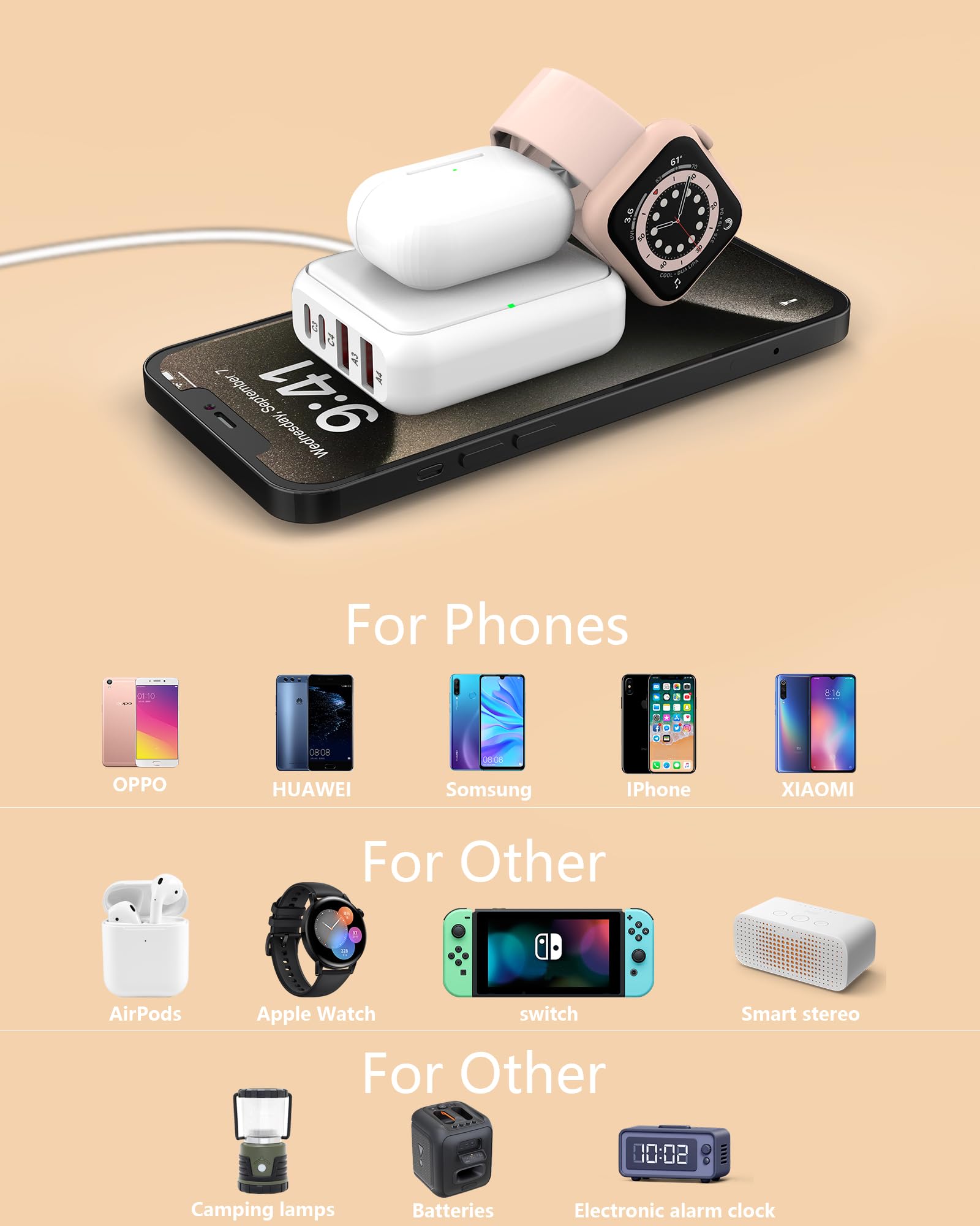 POANES 8-Port USB Charger travel-setup featuring 120V outlet compatibility for easy charging.