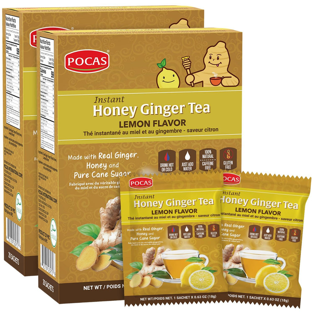 Pocas Honey Ginger Tea crystals with lemon packets for fast flavor