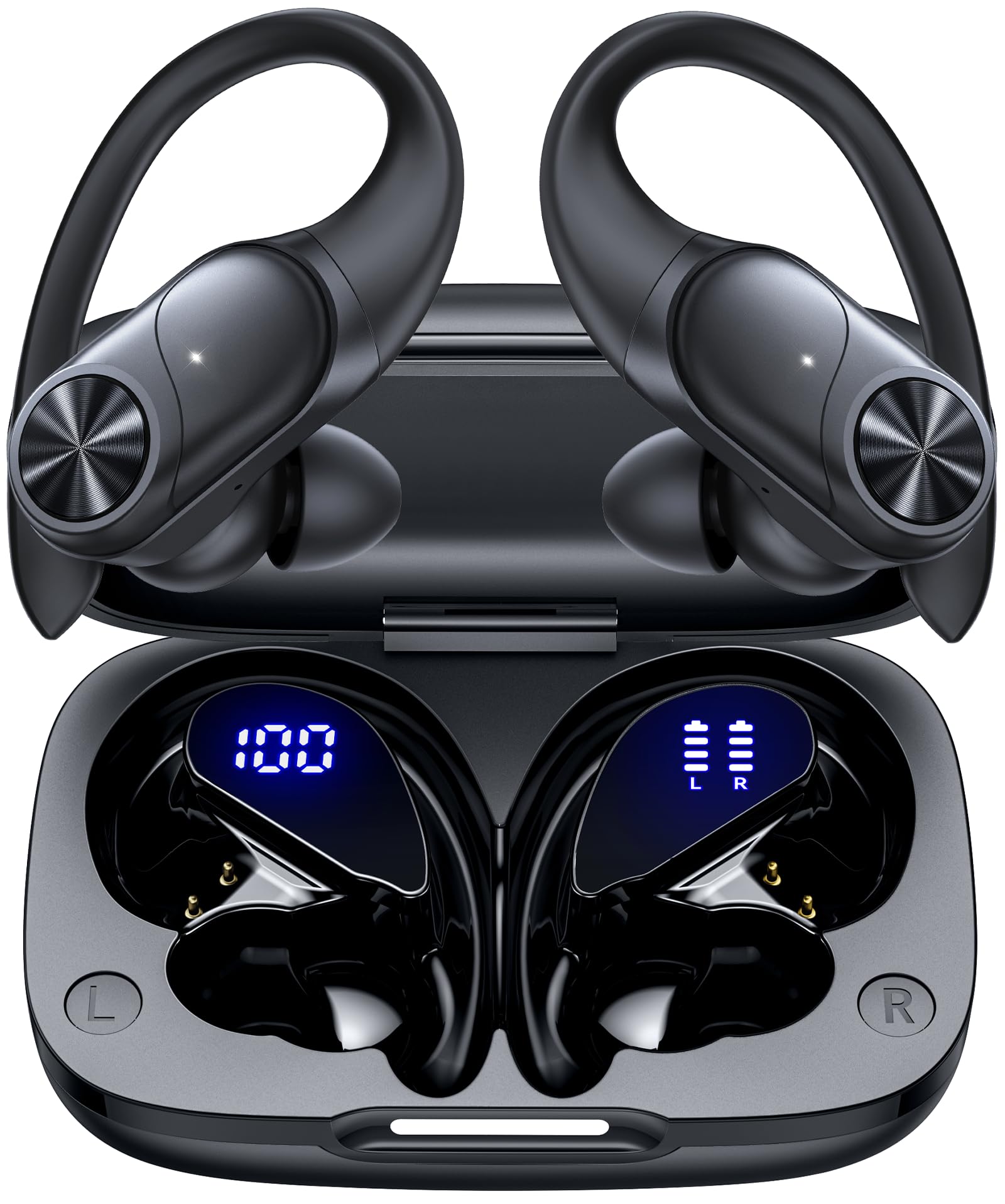 PocBuds black over-ear design close-up for everyday listening comfort