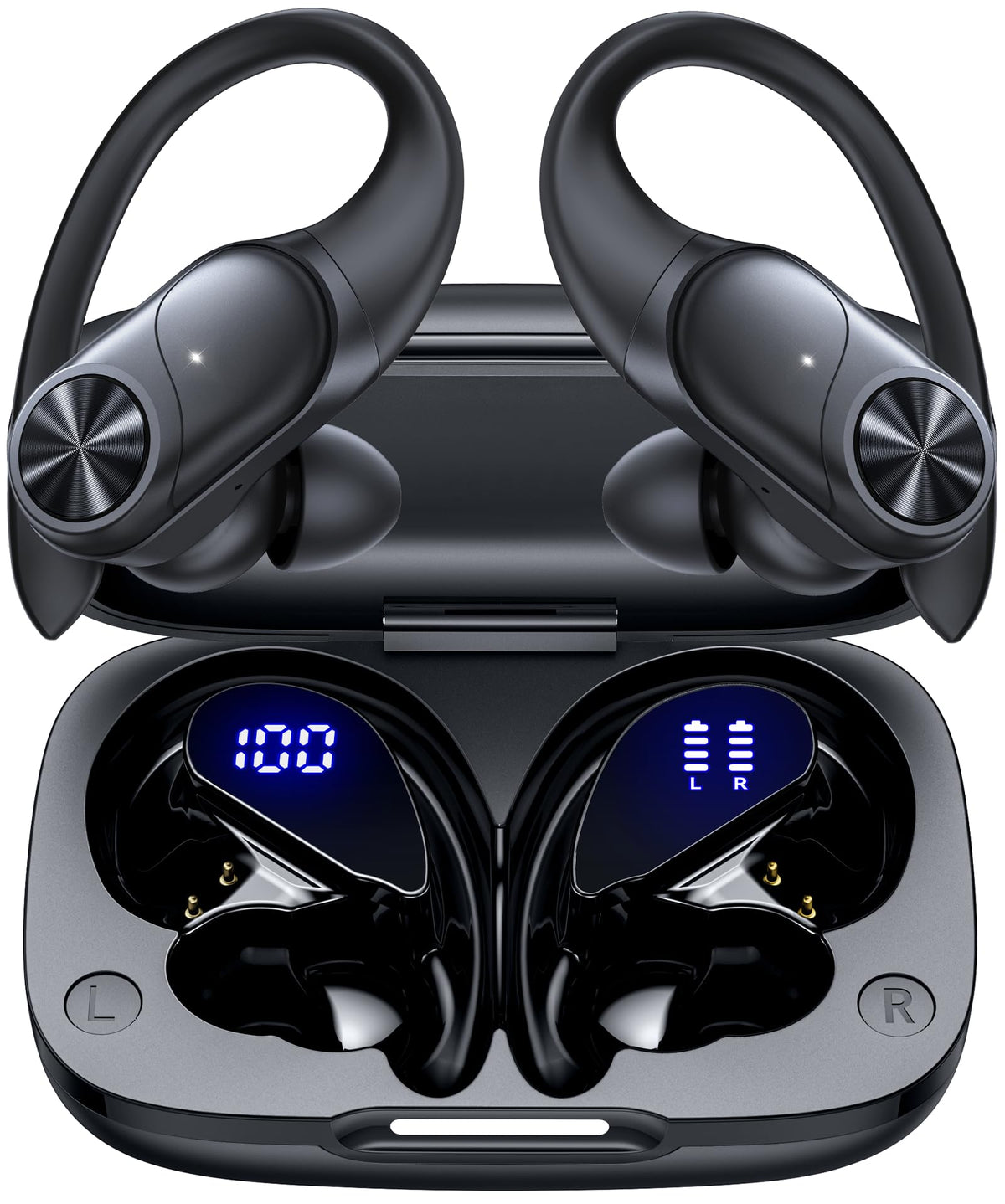 PocBuds black over-ear design close-up for everyday listening comfort