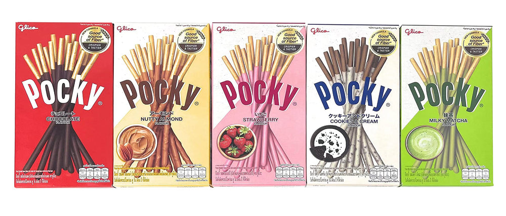 Pocky biscuit sticks 5-flavor variety pack display, ideal for sharing at gatherings.