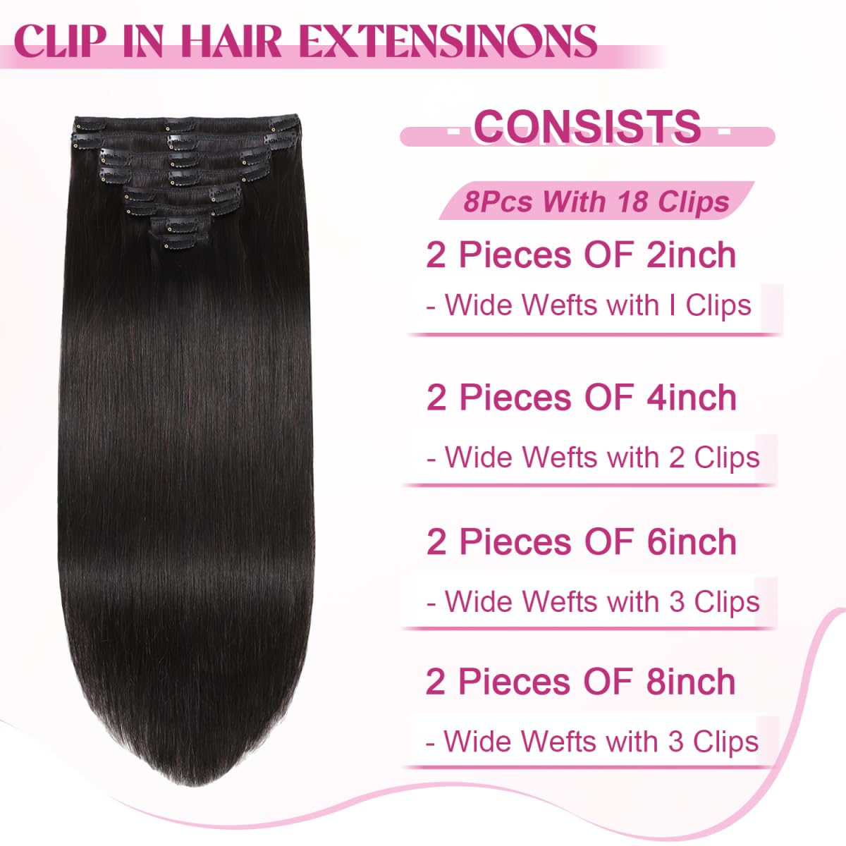 Remy human hair by POGINJA, eight-piece set for secure, effortless styling.