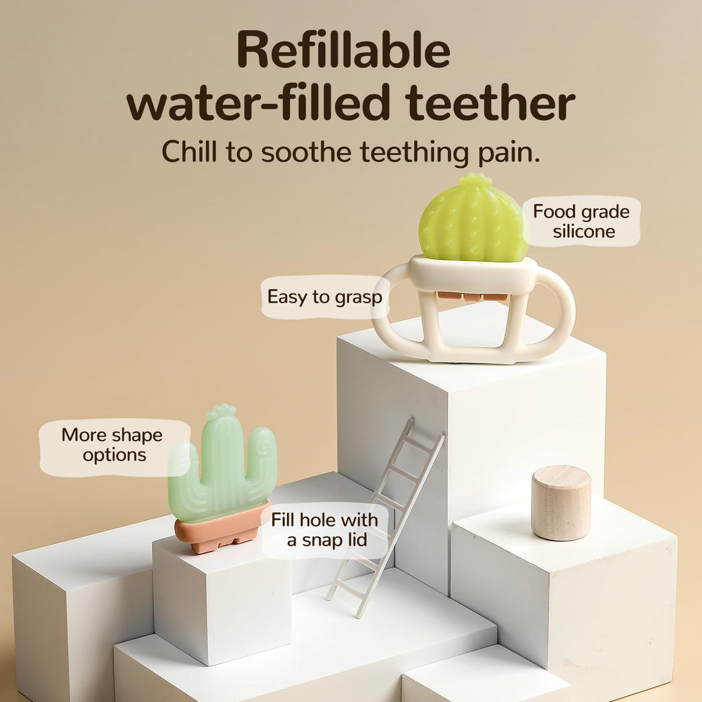 POIKSHARK refillable water chamber teether maintains fresh cooling.