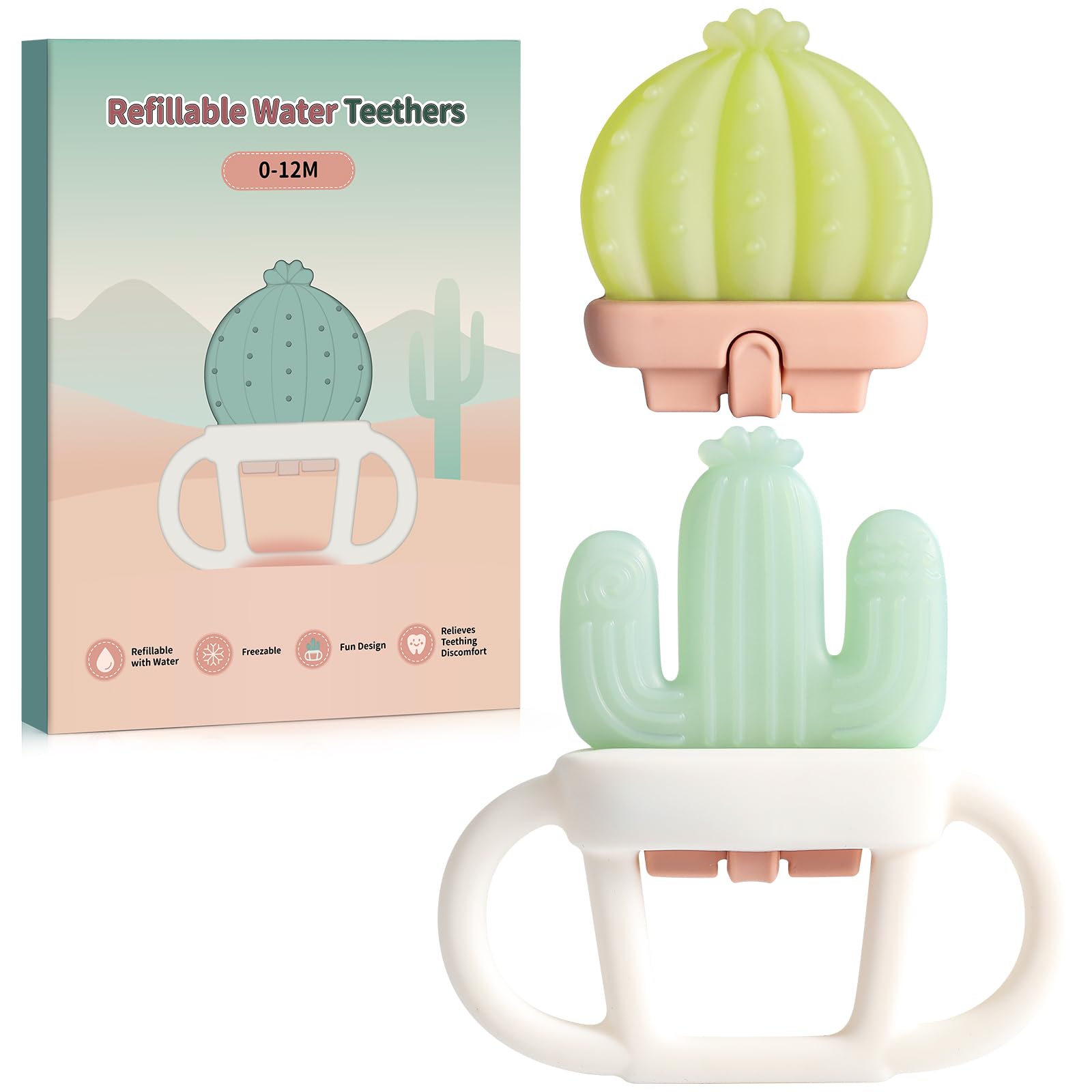 POIKSHARK water-fill core teether in green cactus soothing gums.