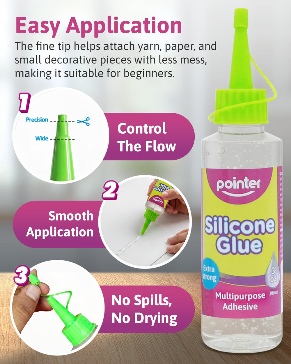 Pointer silicone glue bonds wood, ceramic, and plastic for DIY projects