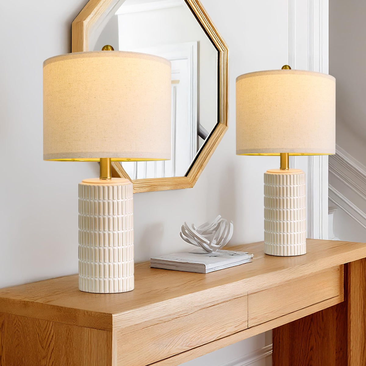 PoKat small ceramic table lamps pair on a bedside table for warm ambience