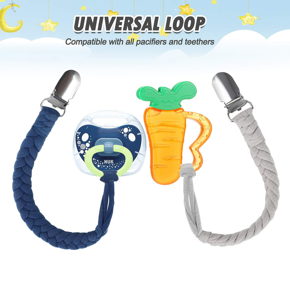 Pokipaw pacifier clip attached to baby's clothing for mess-free outings.