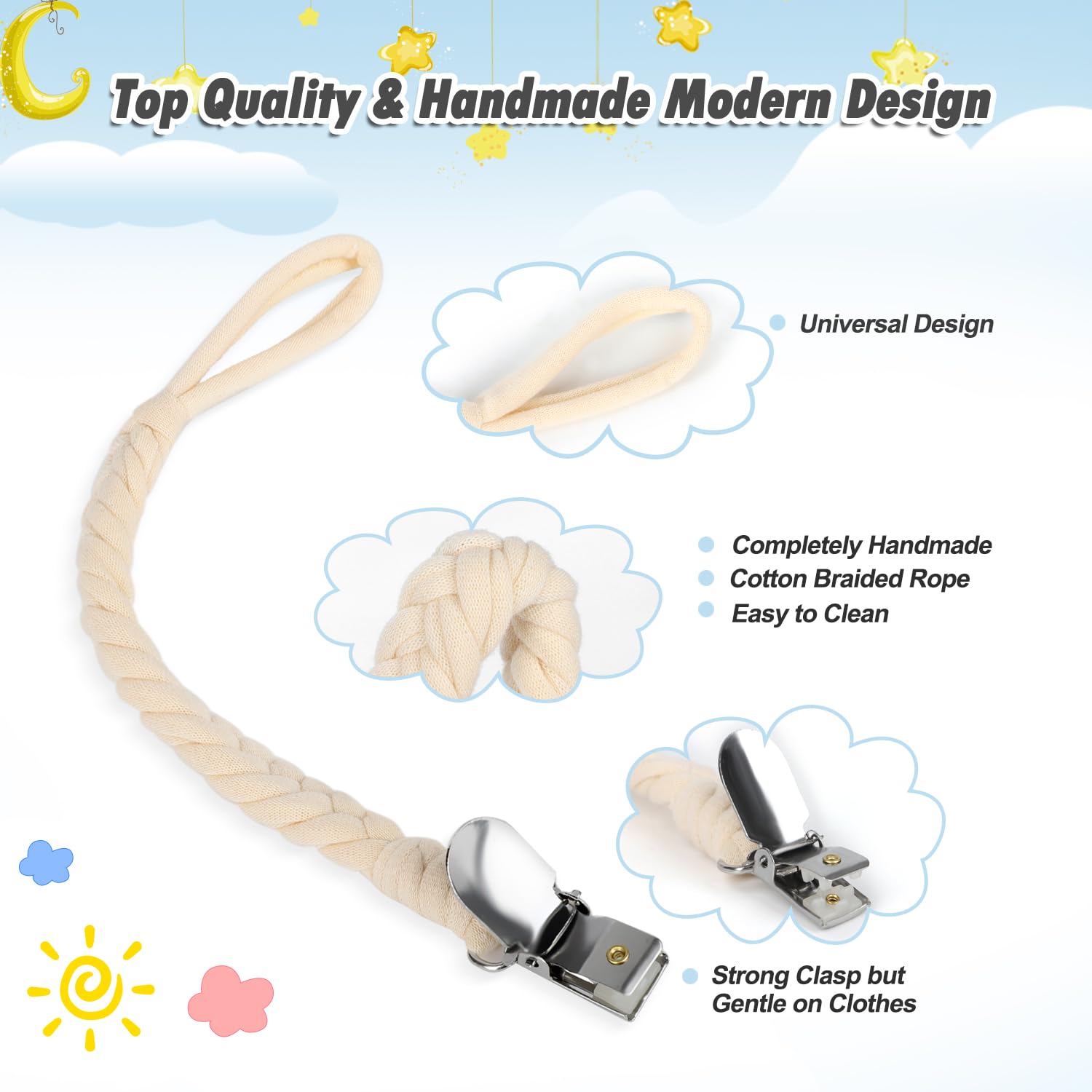 Pokipaw pacifier clip with stainless steel clip for secure attachment.