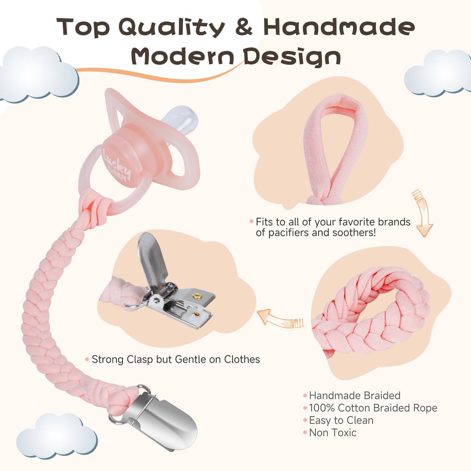 Pokipaw pacifier clip white braid attaches neatly to outfits.