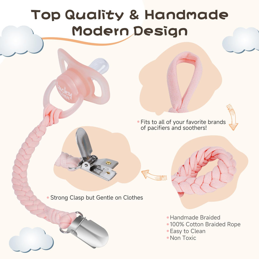 Pokipaw pacifier clip white braid attaches neatly to outfits.