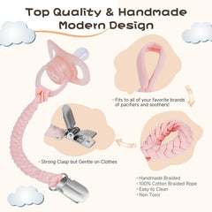 Pokipaw pacifier clip white braid attaches neatly to outfits.