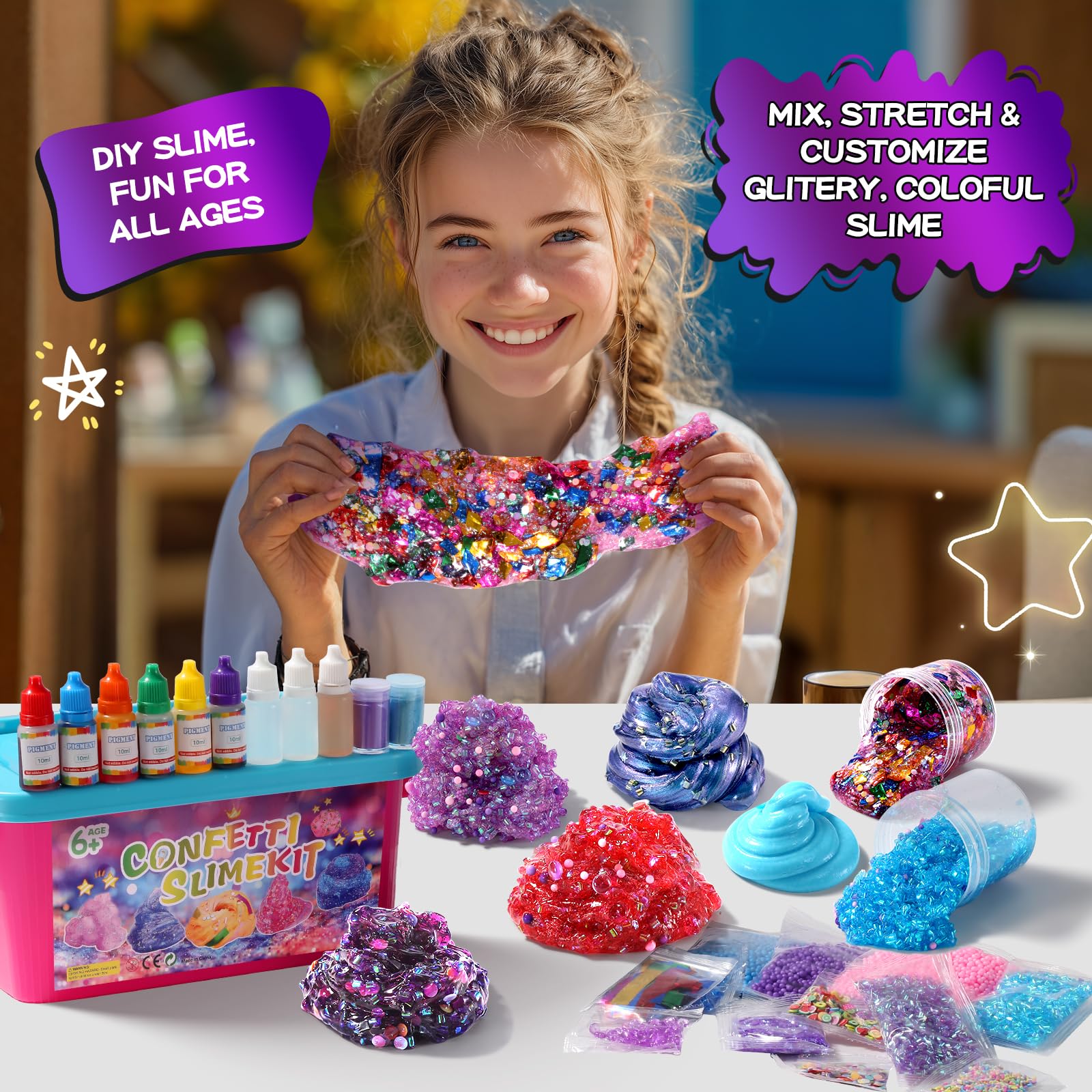 pokujyrt Confetti Slime Kit color dyes for vibrant, customizable slime