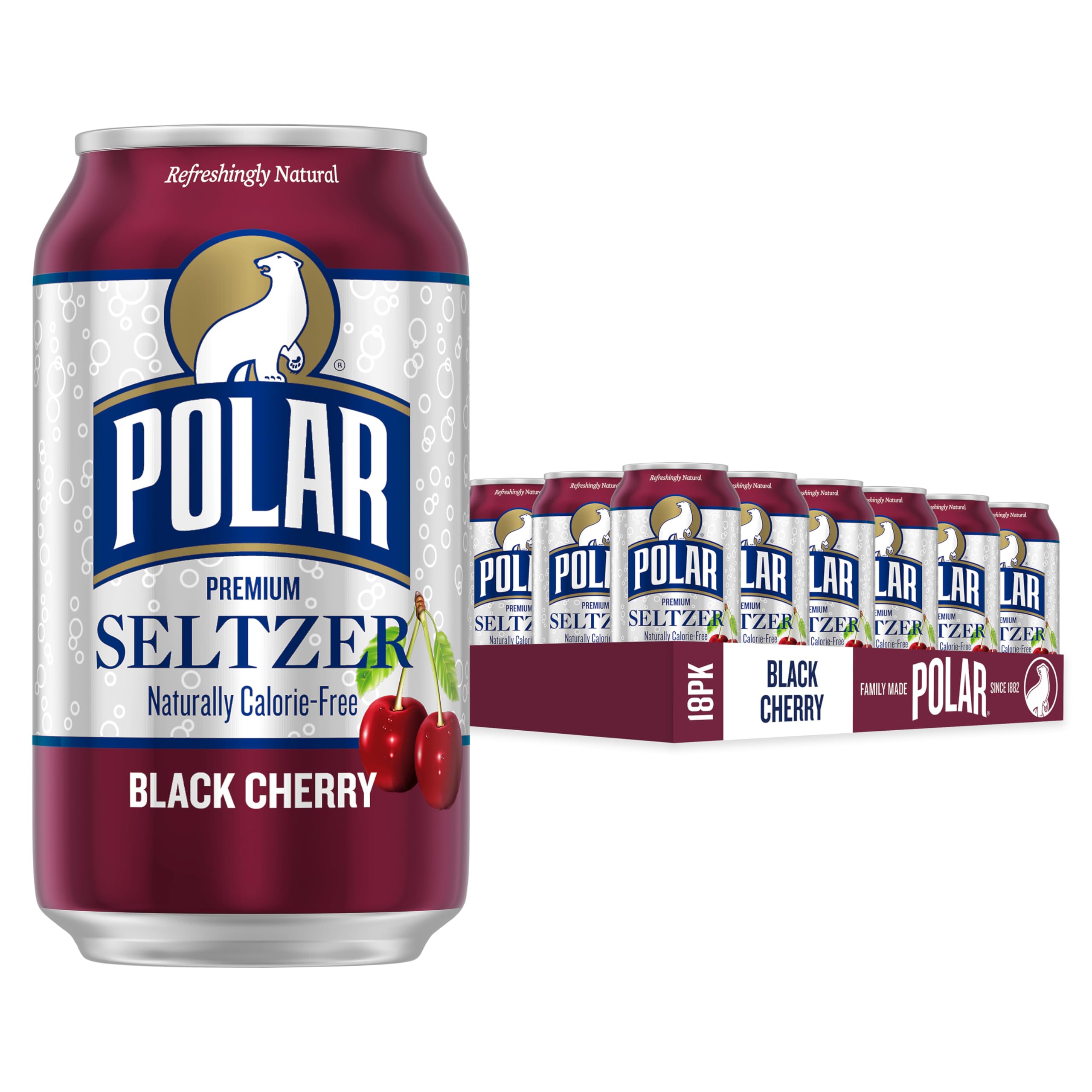 POLAR Seltzer Black Cherry cans front view showing crisp bubbles for a refreshing experience
