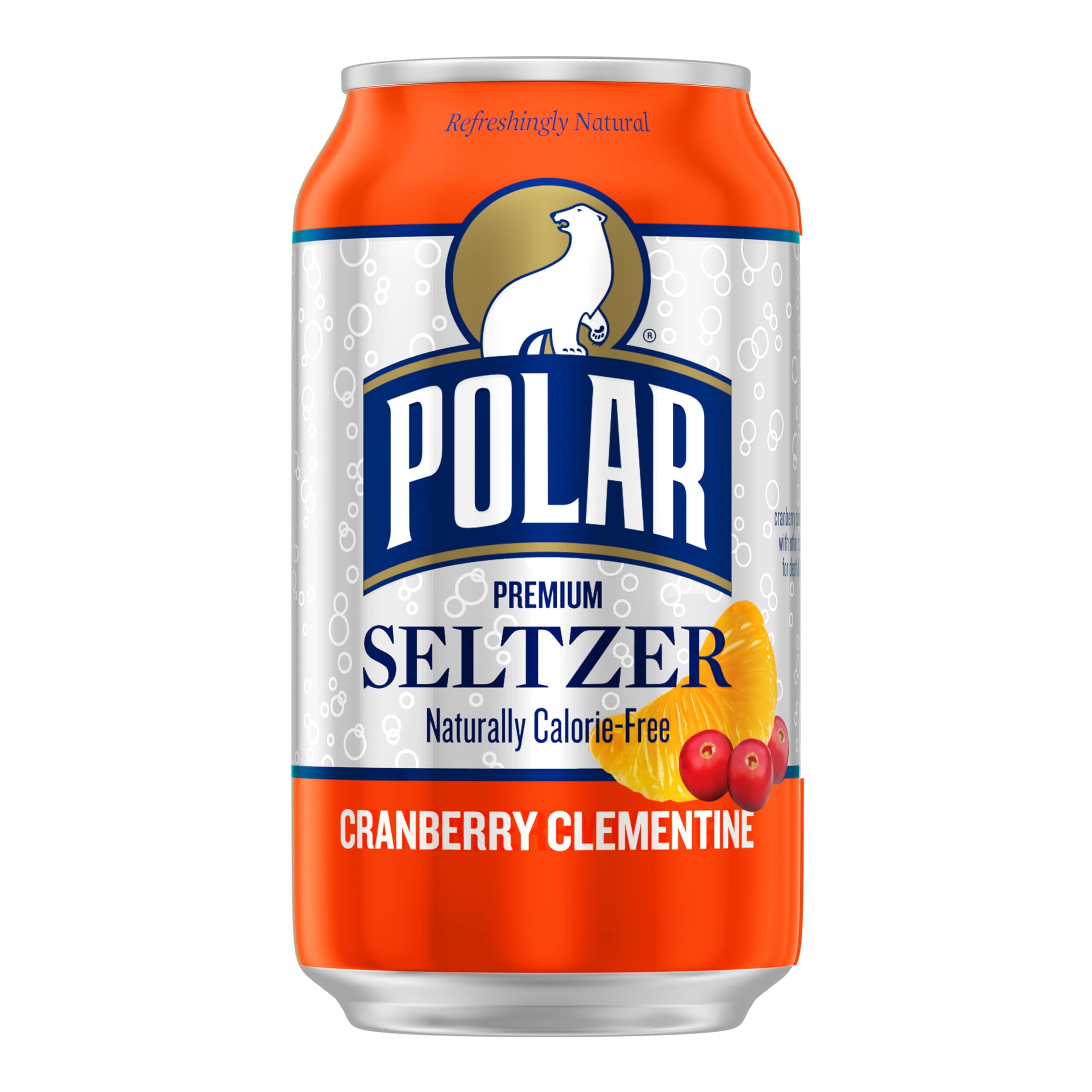 Polar Seltzer Cranberry Clementine 18-pack on fridge ready for gatherings.
