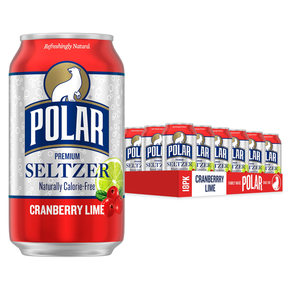 Polar Seltzer Cranberry Lime 6-pack cans with crisp bubbles for refreshing hydration.