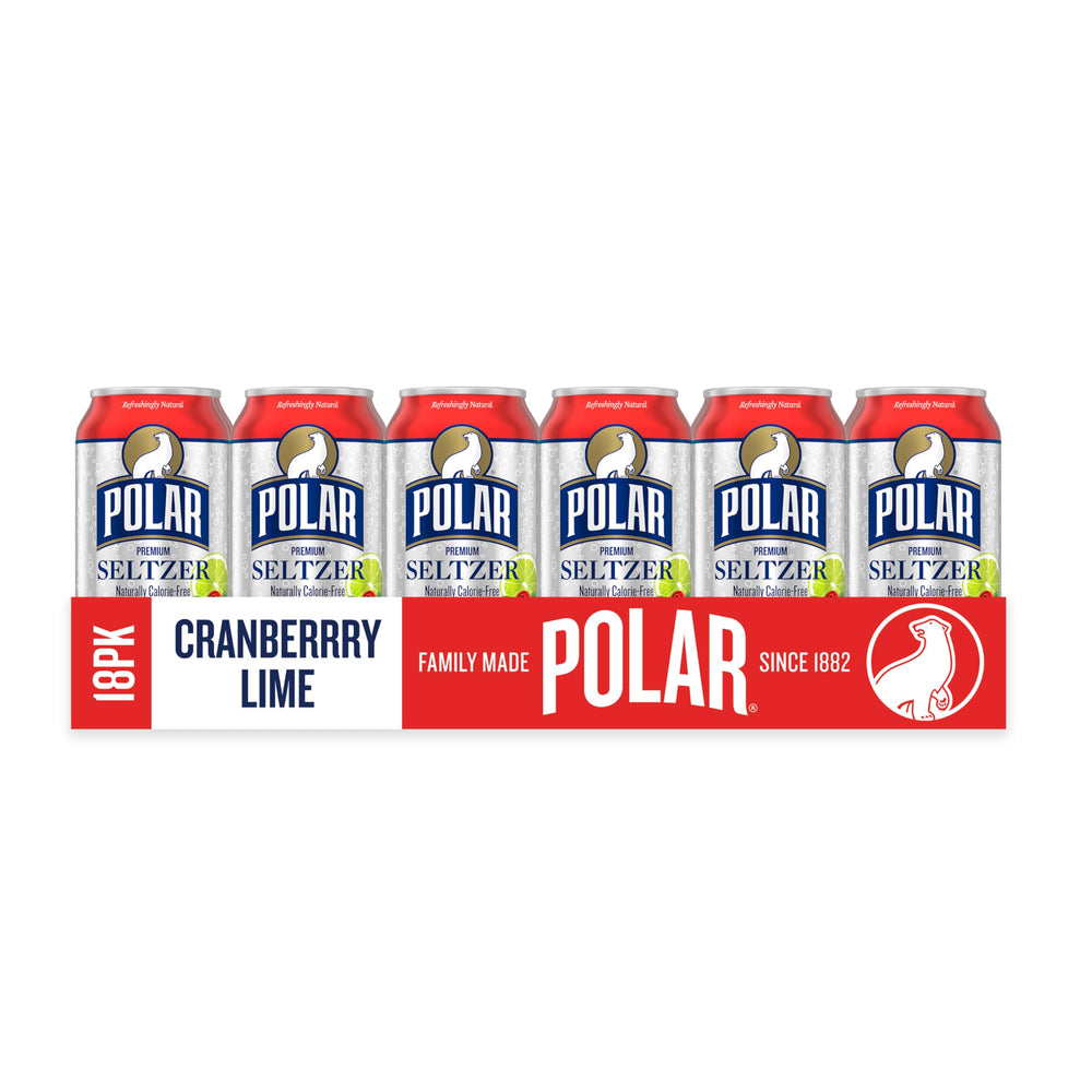 Polar Seltzer Cranberry Lime cans label highlighting natural flavors and zero sugar.