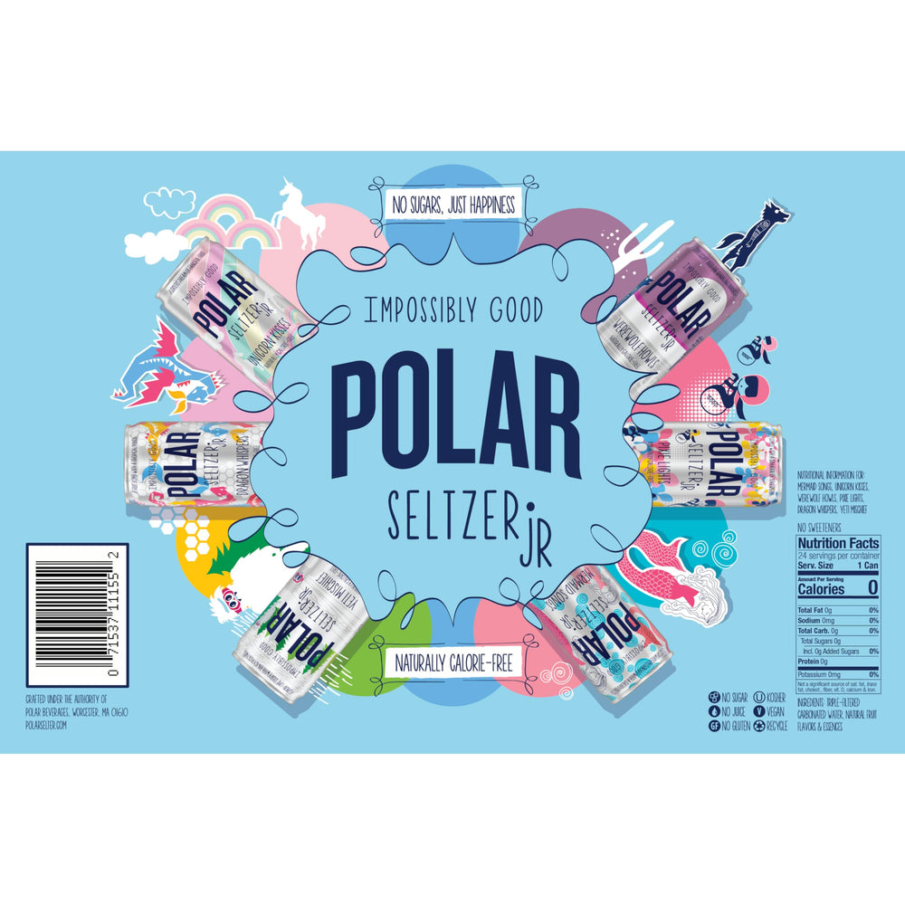 Polar Seltzer Jr Dragon Whispers tropical punch, mini can, vibrant flavor with zero sugar.