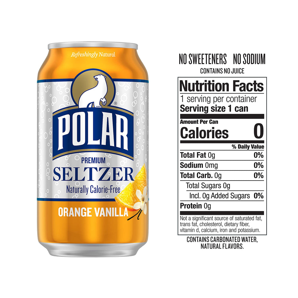 Polar Seltzer Orange Vanilla can front, ideal for quick hydration.