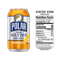 Polar Seltzer Orange Vanilla can front, ideal for quick hydration.