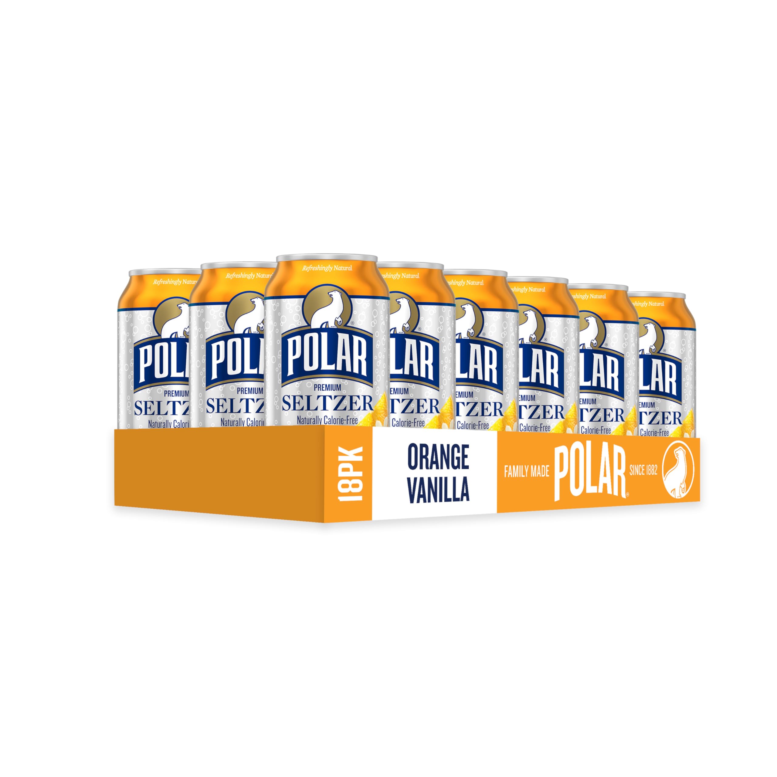 Polar Seltzer Orange Vanilla in a glass, a refreshing zero-calorie option.