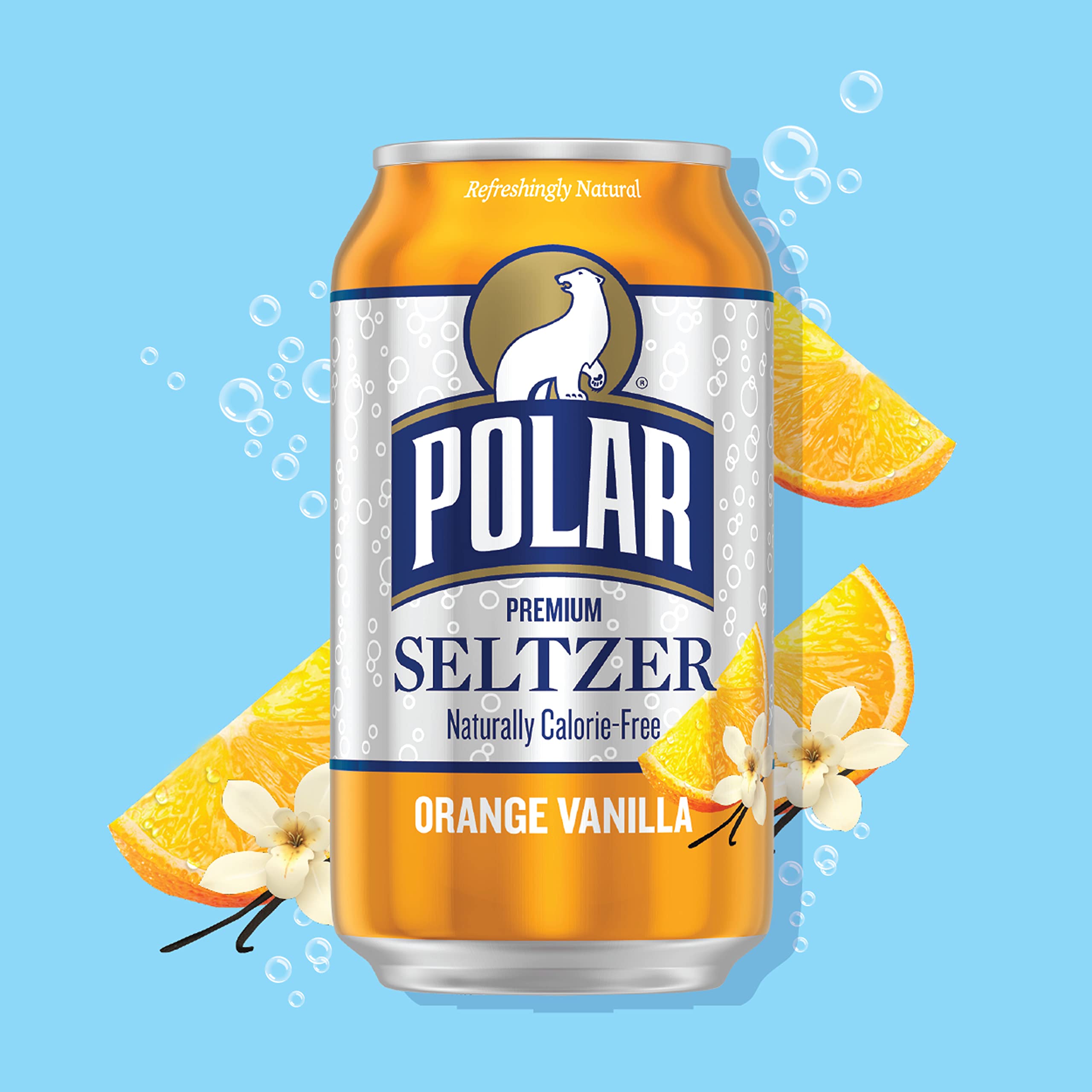 Polar Seltzer Orange Vanilla pack-18 on shelf highlighting heritage and flavor.