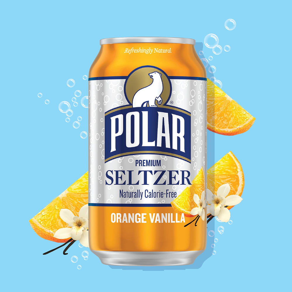 Polar Seltzer Orange Vanilla pack-18 on shelf highlighting heritage and flavor.