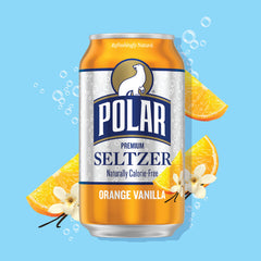 Polar Seltzer Orange Vanilla pack-18 on shelf highlighting heritage and flavor.